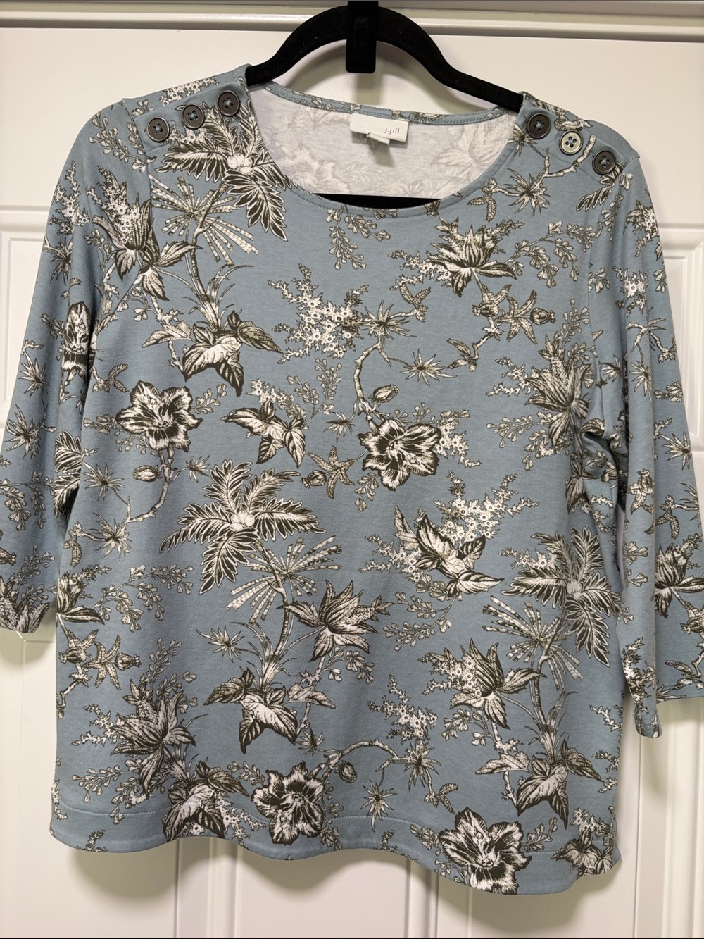 J. Jill Light Blue with White Floral Long-Sleeve Top with Shoulder Buttons
